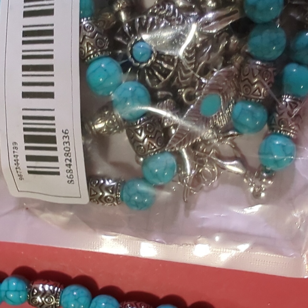 🩵Western Native Turquoise Look-Synthetic Stones Steer & Feathers Necklace NWT - Picture 6 of 12